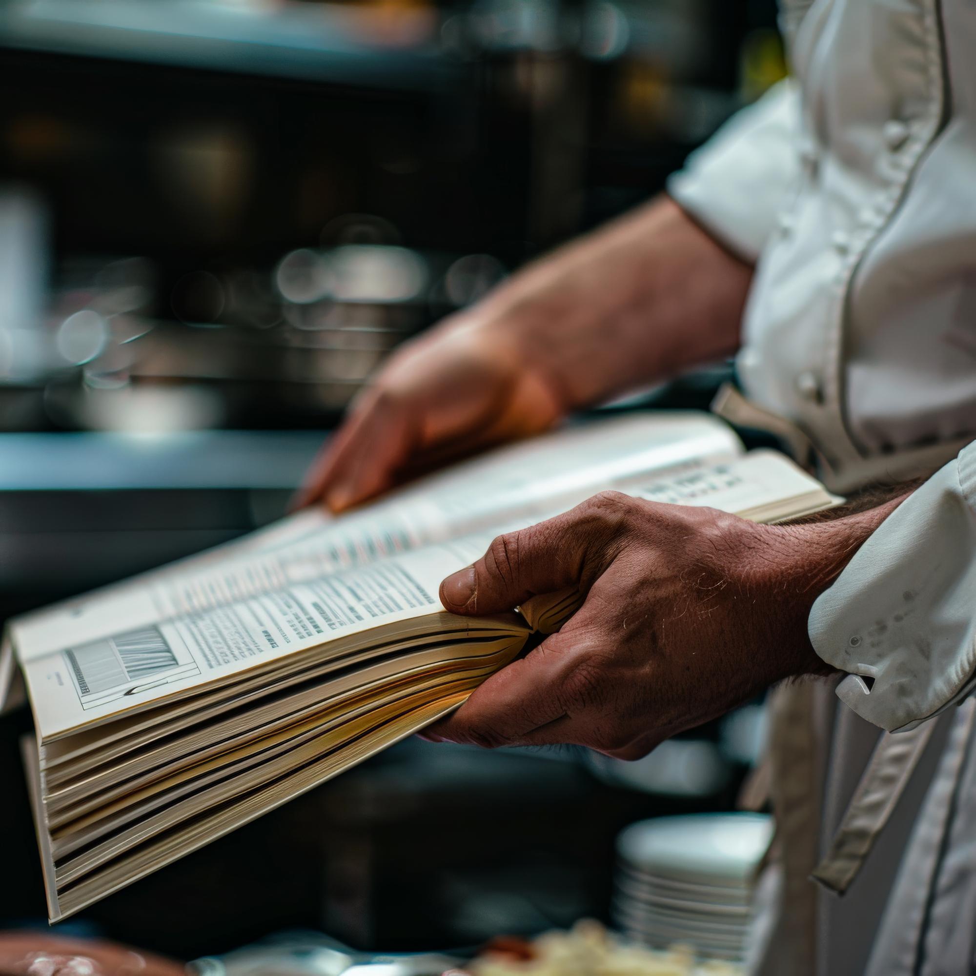 Chef consulting over menu documents
